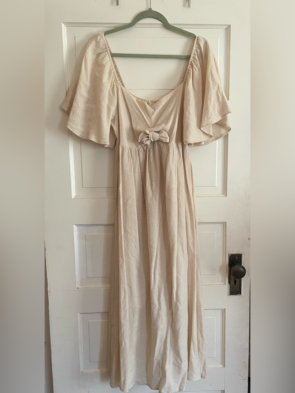 Pink Blush Neutral Cream Flutter Sleeve Maternity Dress with Front Bow